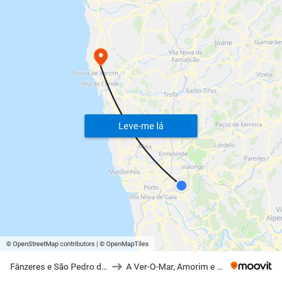 Fânzeres e São Pedro da Cova to A Ver-O-Mar, Amorim e Terroso map