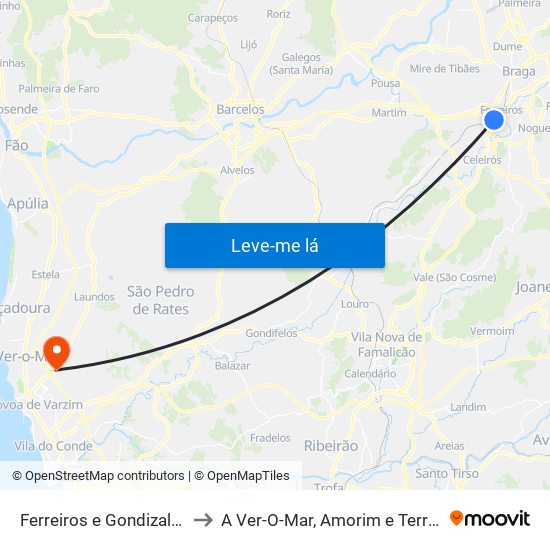 Ferreiros e Gondizalves to A Ver-O-Mar, Amorim e Terroso map