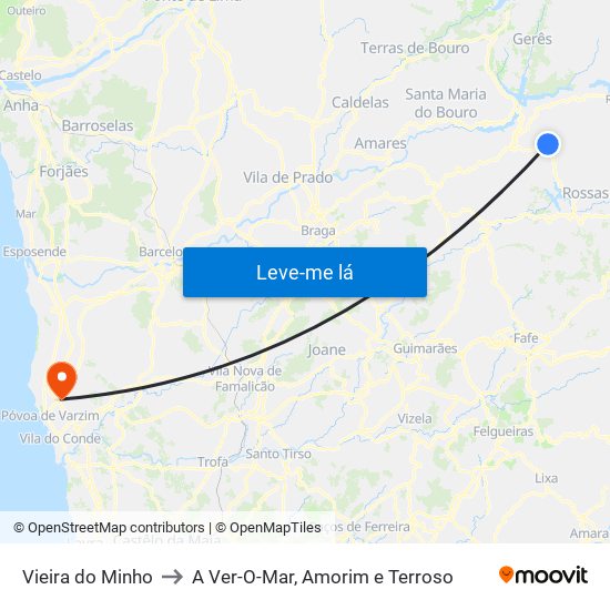 Vieira do Minho to A Ver-O-Mar, Amorim e Terroso map