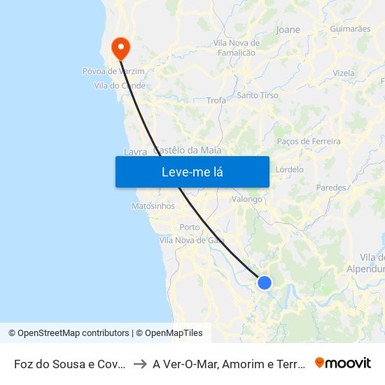 Foz do Sousa e Covelo to A Ver-O-Mar, Amorim e Terroso map