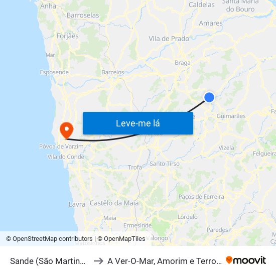 Sande (São Martinho) to A Ver-O-Mar, Amorim e Terroso map