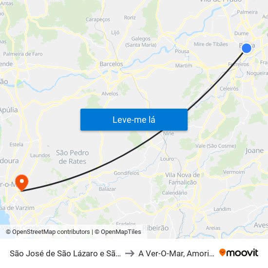 São José de São Lázaro e São João do Souto to A Ver-O-Mar, Amorim e Terroso map