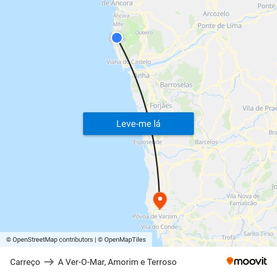 Carreço to A Ver-O-Mar, Amorim e Terroso map