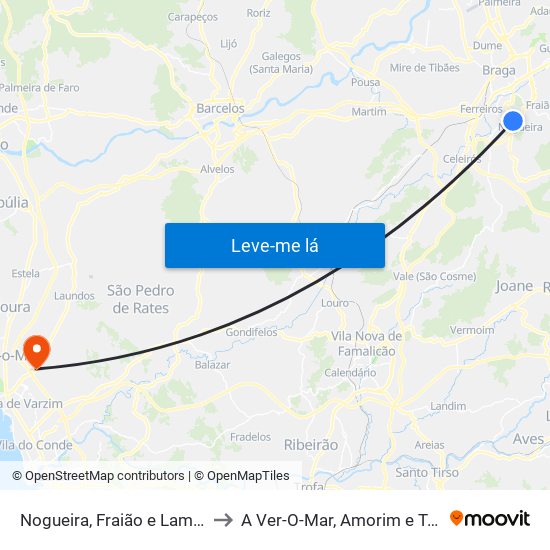 Nogueira, Fraião e Lamaçães to A Ver-O-Mar, Amorim e Terroso map