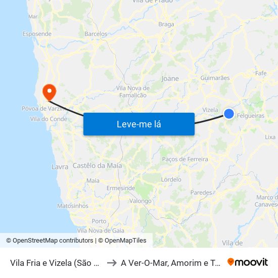 Vila Fria e Vizela (São Jorge) to A Ver-O-Mar, Amorim e Terroso map