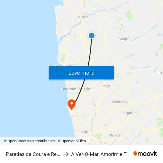 Paredes de Coura e Resende to A Ver-O-Mar, Amorim e Terroso map