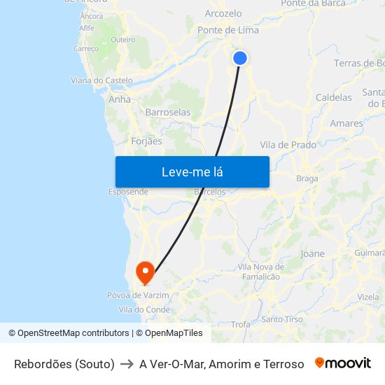 Rebordões (Souto) to A Ver-O-Mar, Amorim e Terroso map