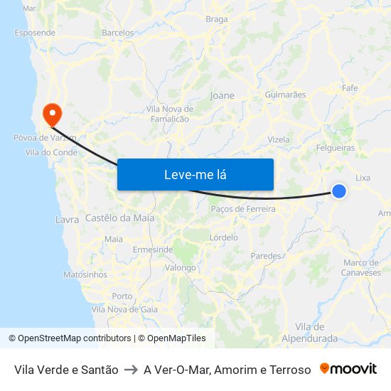 Vila Verde e Santão to A Ver-O-Mar, Amorim e Terroso map