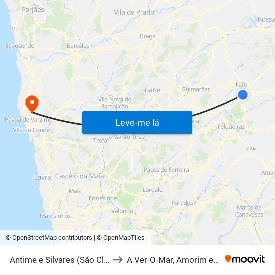 Antime e Silvares (São Clemente) to A Ver-O-Mar, Amorim e Terroso map