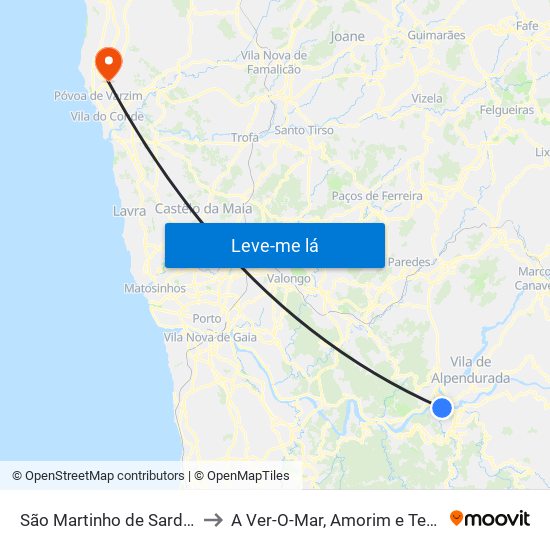São Martinho de Sardoura to A Ver-O-Mar, Amorim e Terroso map