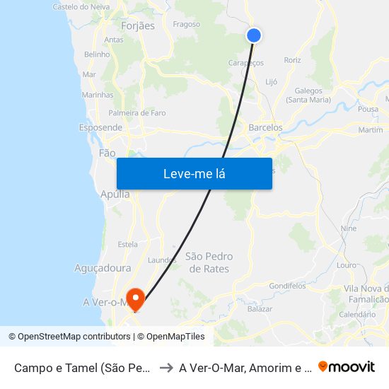 Campo e Tamel (São Pedro Fins) to A Ver-O-Mar, Amorim e Terroso map