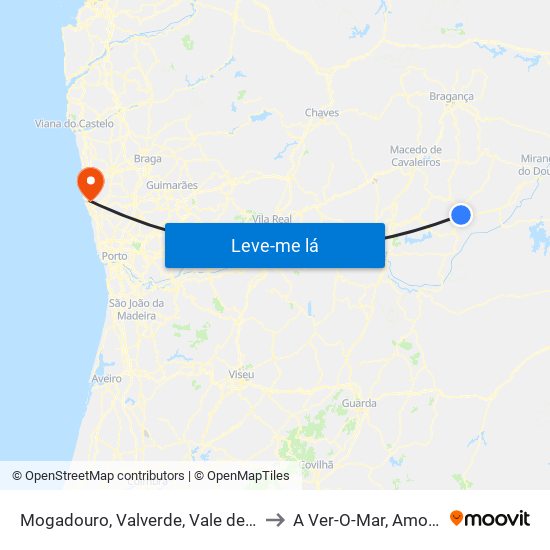 Mogadouro, Valverde, Vale de Porco e Vilar de Rei to A Ver-O-Mar, Amorim e Terroso map