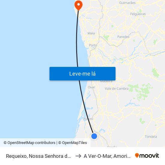 Requeixo, Nossa Senhora de Fátima e Nariz to A Ver-O-Mar, Amorim e Terroso map