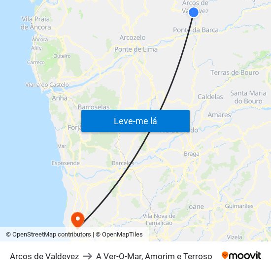 Arcos de Valdevez to A Ver-O-Mar, Amorim e Terroso map