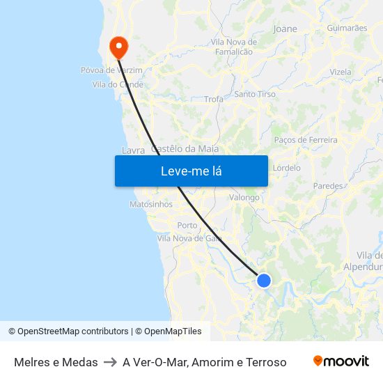 Melres e Medas to A Ver-O-Mar, Amorim e Terroso map