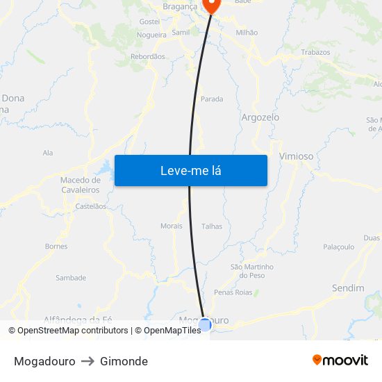 Mogadouro to Gimonde map