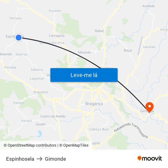 Espinhosela to Gimonde map