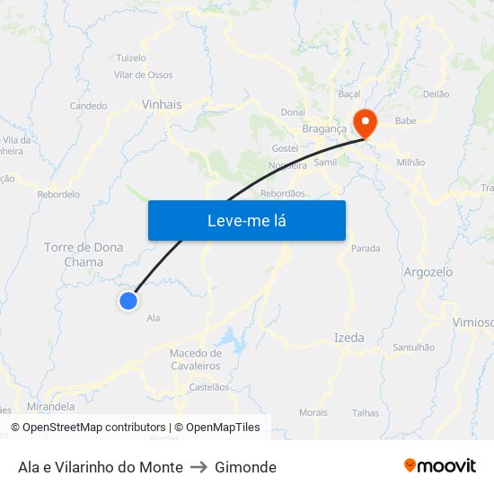 Ala e Vilarinho do Monte to Gimonde map