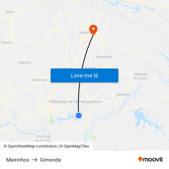 Meirinhos to Gimonde map