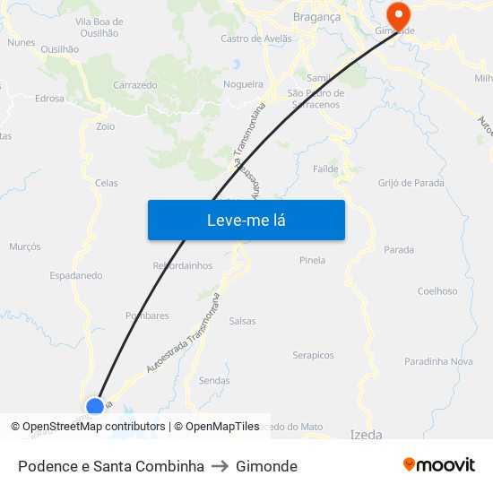 Podence e Santa Combinha to Gimonde map