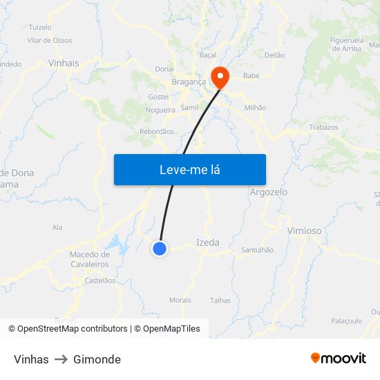 Vinhas to Gimonde map