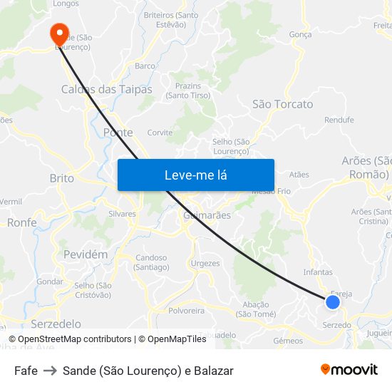 Fafe to Sande (São Lourenço) e Balazar map