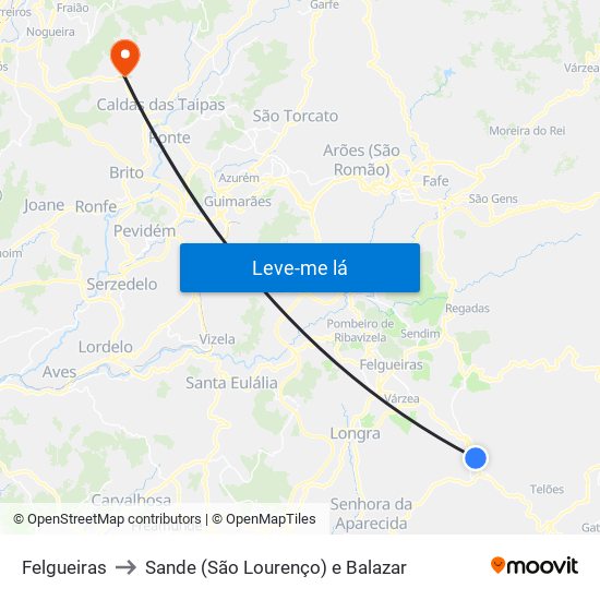 Felgueiras to Sande (São Lourenço) e Balazar map