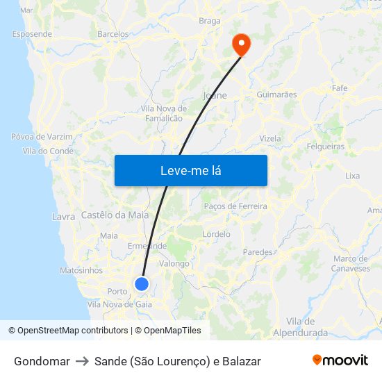 Gondomar to Sande (São Lourenço) e Balazar map