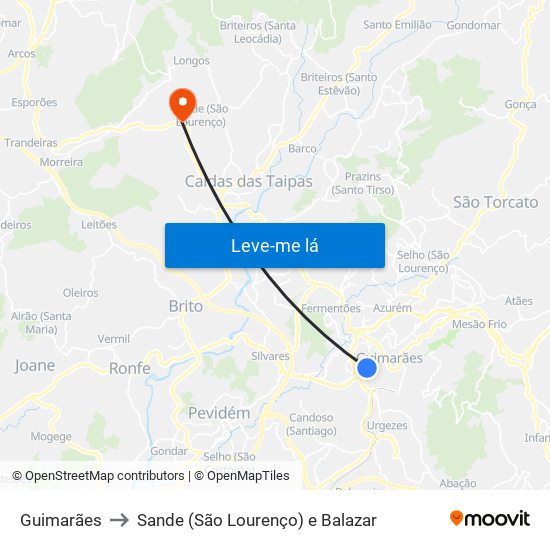 Guimarães to Sande (São Lourenço) e Balazar map