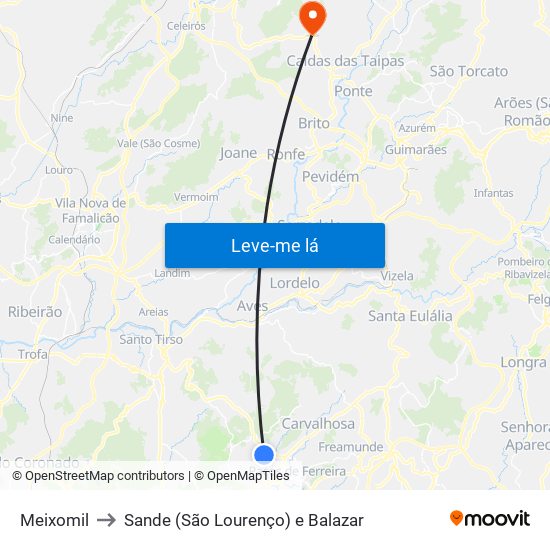 Meixomil to Sande (São Lourenço) e Balazar map