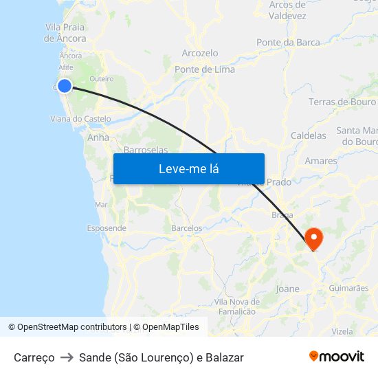 Carreço to Sande (São Lourenço) e Balazar map