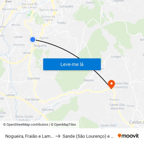 Nogueira, Fraião e Lamaçães to Sande (São Lourenço) e Balazar map