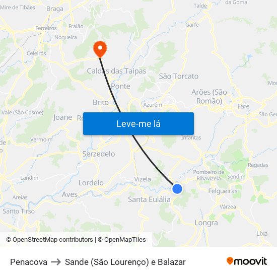 Penacova to Sande (São Lourenço) e Balazar map