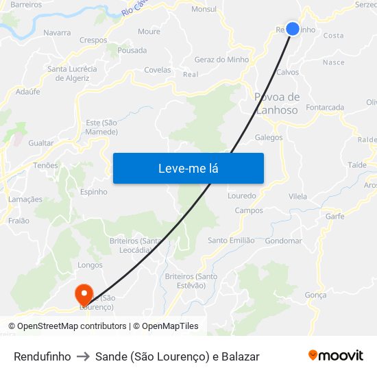 Rendufinho to Sande (São Lourenço) e Balazar map