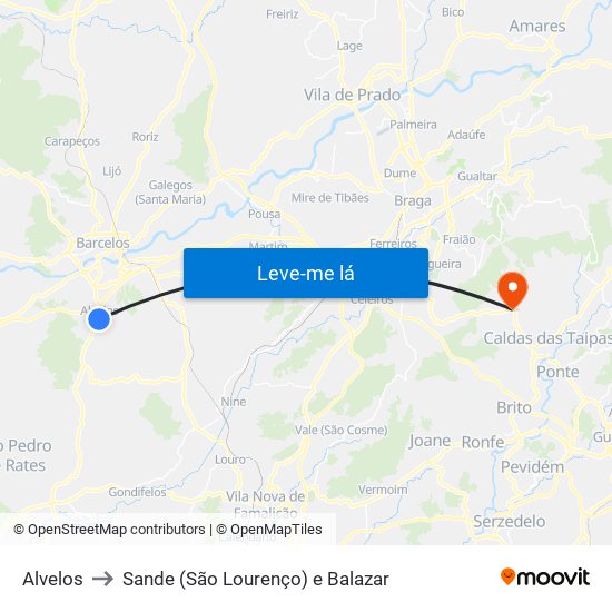 Alvelos to Sande (São Lourenço) e Balazar map