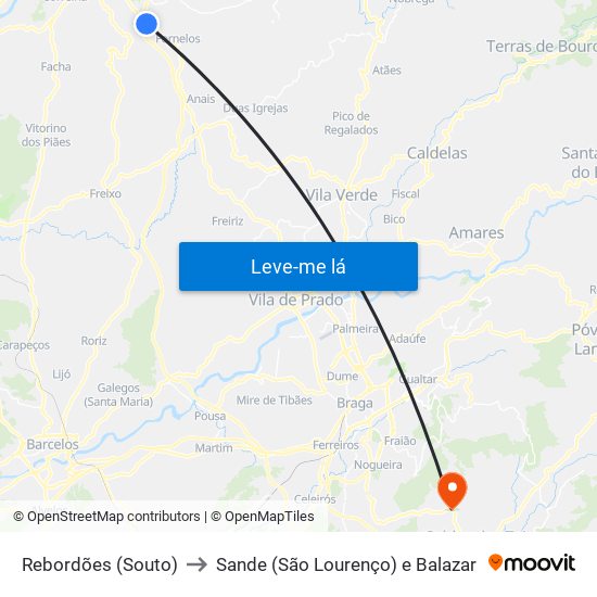 Rebordões (Souto) to Sande (São Lourenço) e Balazar map