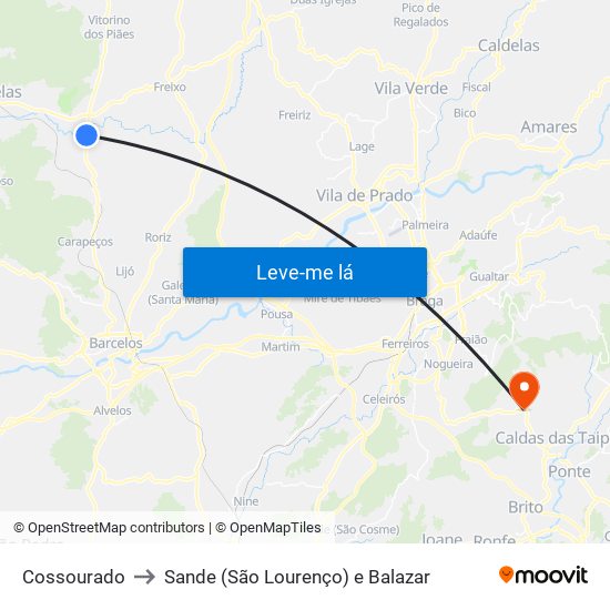 Cossourado to Sande (São Lourenço) e Balazar map