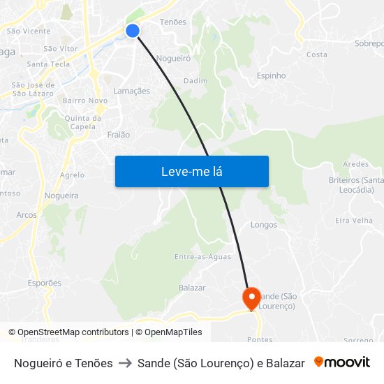 Nogueiró e Tenões to Sande (São Lourenço) e Balazar map