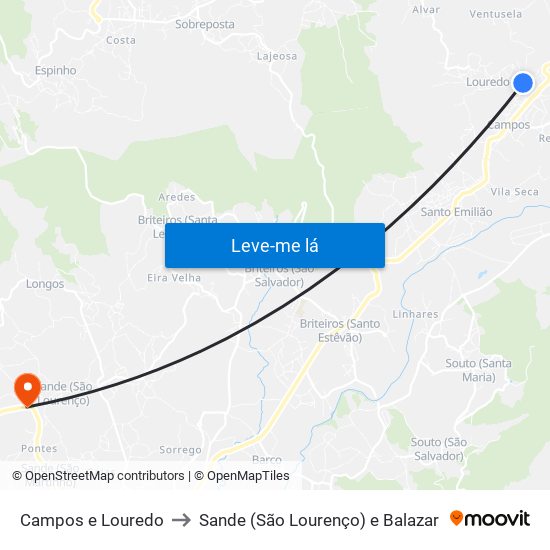Campos e Louredo to Sande (São Lourenço) e Balazar map