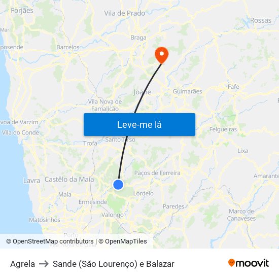 Agrela to Sande (São Lourenço) e Balazar map