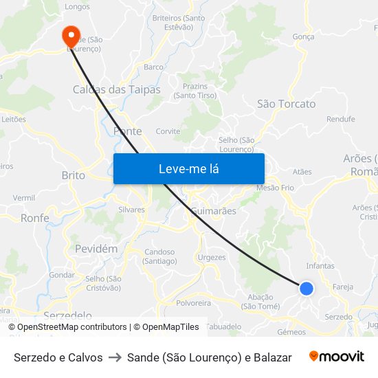 Serzedo e Calvos to Sande (São Lourenço) e Balazar map
