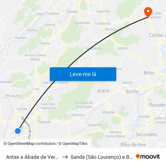 Antas e Abade de Vermoim to Sande (São Lourenço) e Balazar map