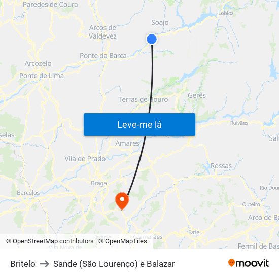 Britelo to Sande (São Lourenço) e Balazar map