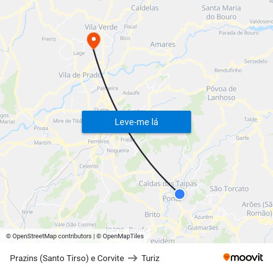 Prazins (Santo Tirso) e Corvite to Turiz map