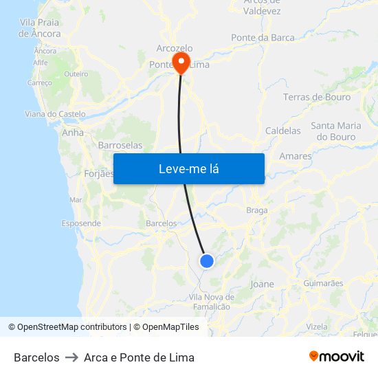 Barcelos to Arca e Ponte de Lima map