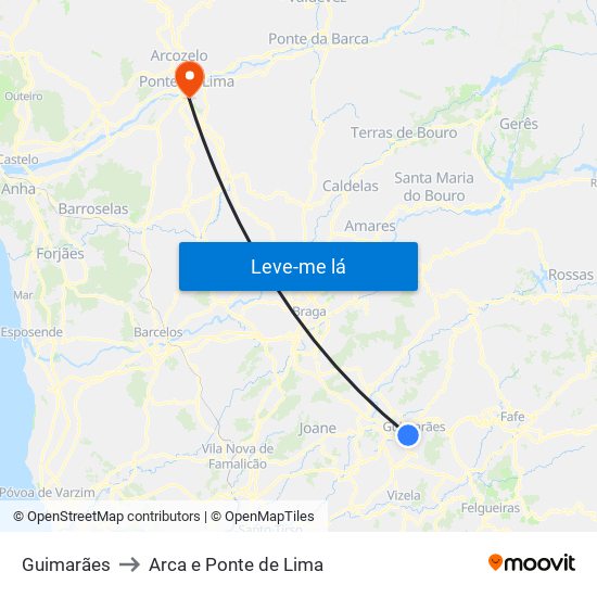 Guimarães to Arca e Ponte de Lima map