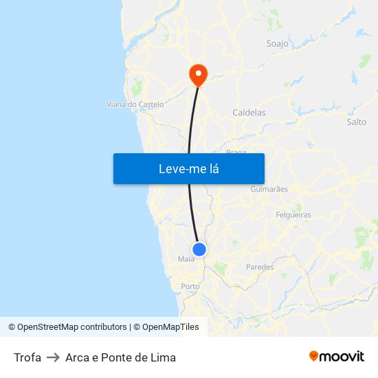 Trofa to Arca e Ponte de Lima map