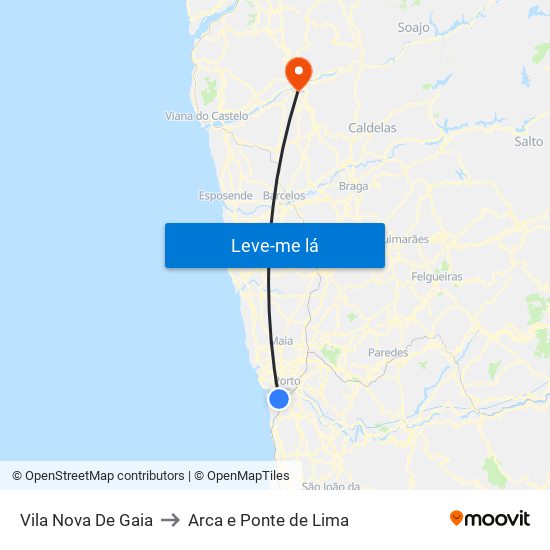 Vila Nova De Gaia to Arca e Ponte de Lima map