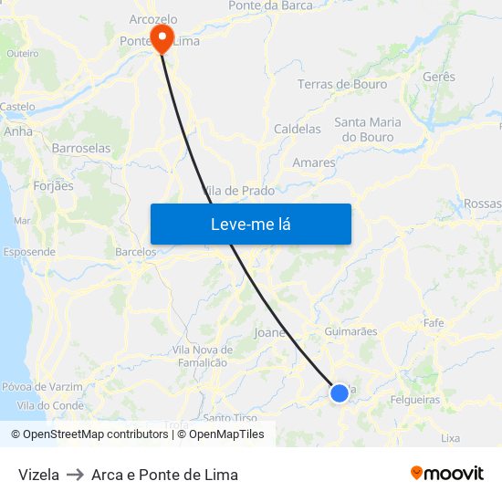 Vizela to Arca e Ponte de Lima map