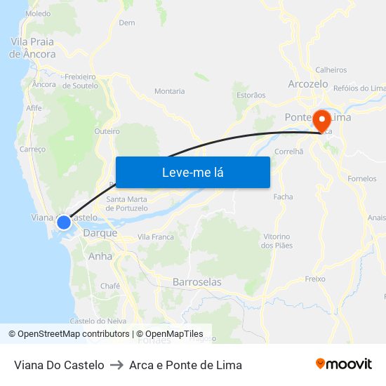 Viana Do Castelo to Arca e Ponte de Lima map